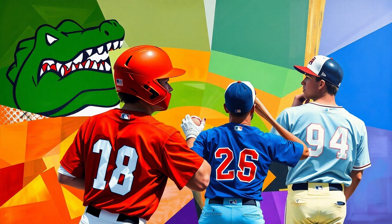 A fragmented, geometric painting depicting the action of a college baseball game, with players' forms broken down into sharp, overlapping planes of color representing the Gators and Tigers uniforms.