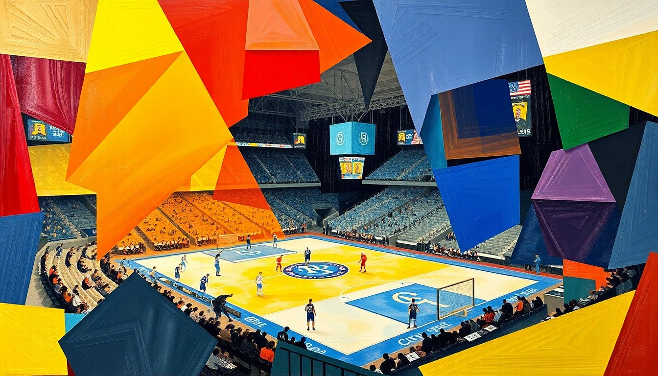 A fragmented, geometric painting in shades of blue, yellow, and red, depicting an abstract sports scene with overlapping shapes and planes, conveying the dynamic and multifaceted nature of Rochester's sports culture.