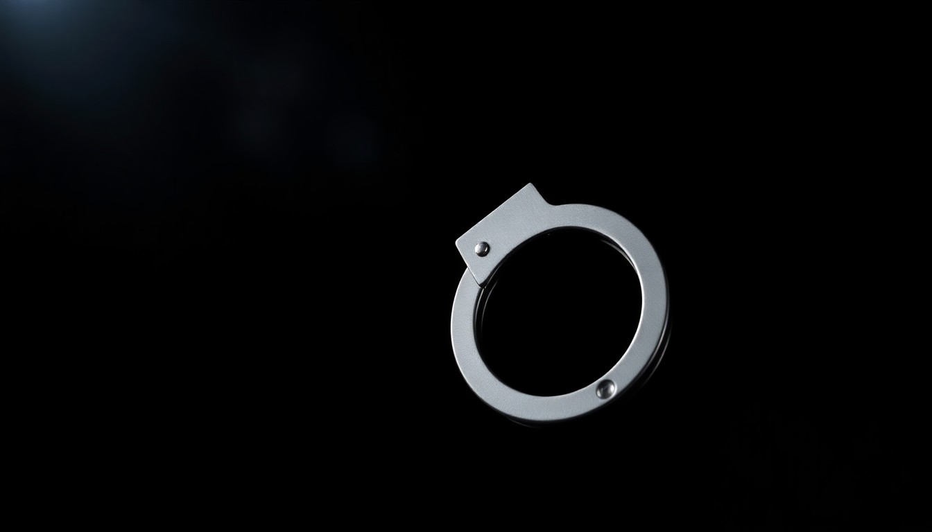 An extreme close-up photograph of a single handcuff, lit by a harsh, direct camera flash against a pitch-black background, conceptually illustrating the severity of the criminal justice system's response to a tragic act of youth violence.