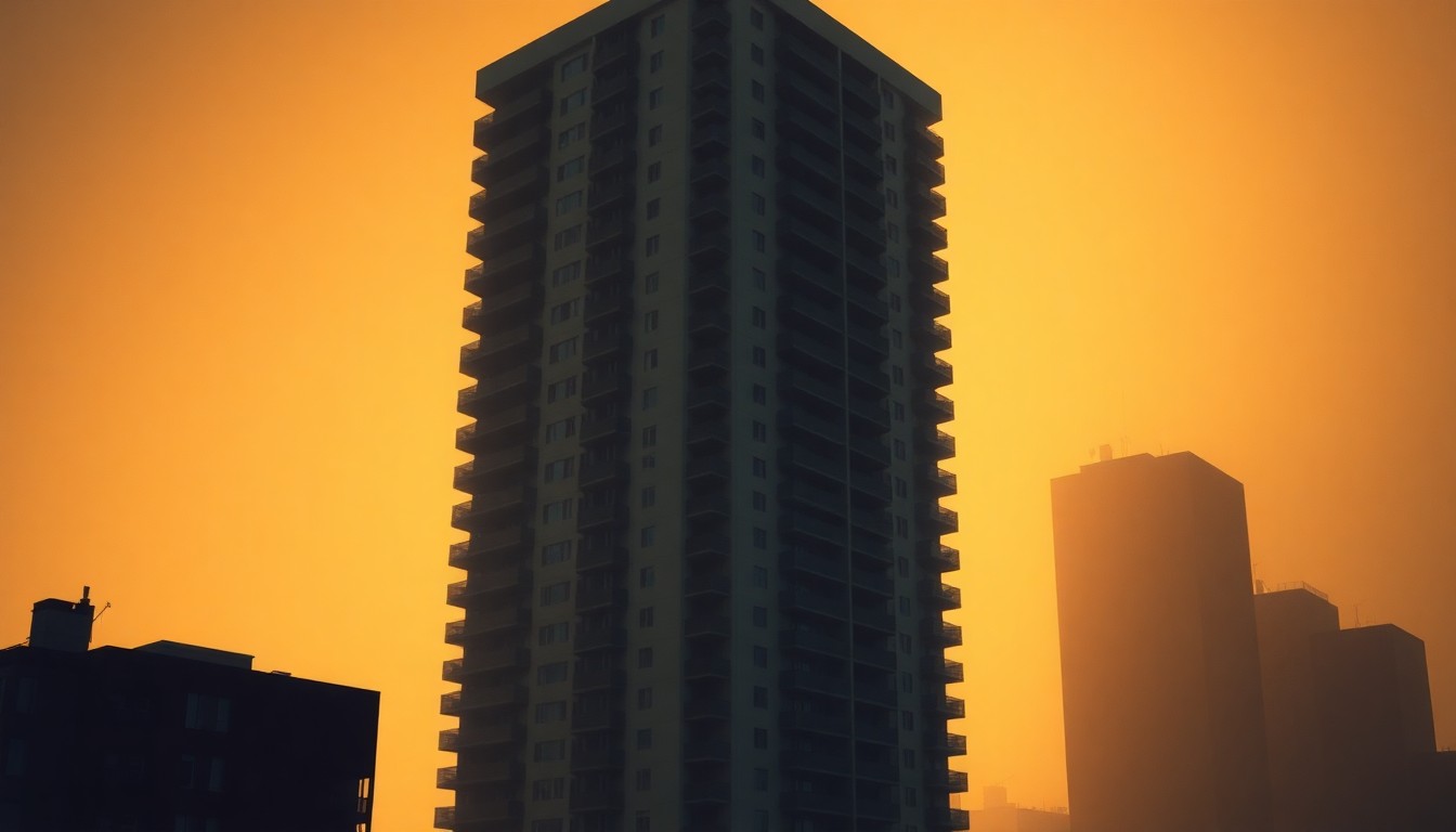 A serene, photorealistic painting of a tall, glass-and-steel luxury apartment building in New York City, with the facade bathed in warm, golden light and deep shadows, conveying a sense of solitude and quiet contemplation.