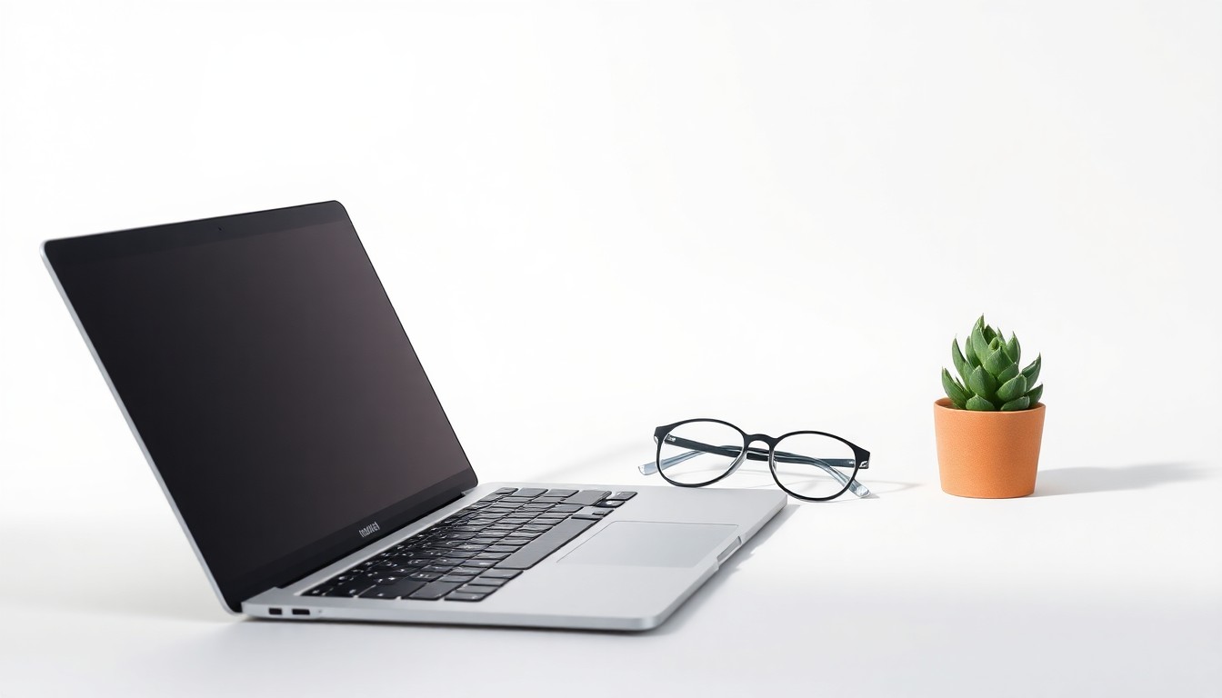 A minimalist studio photograph featuring a laptop computer, reading glasses, and a small potted plant arranged elegantly on a clean white background, symbolizing the intersection of technology, aging, and entrepreneurship.