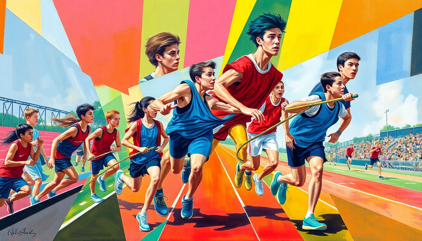 A fragmented, geometric painting in bold colors depicting the dynamic action of a high school track and field competition, with overlapping planes and shapes representing the various athletes and events.