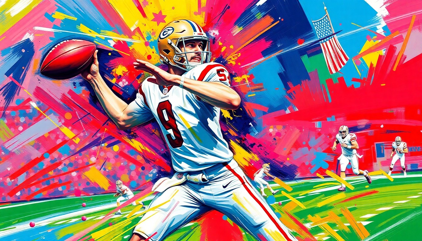 An abstract, energetic painting featuring bold, sweeping brushstrokes in neon shades of orange, yellow, and blue, capturing the dynamic motion and power of a quarterback throwing a football downfield.