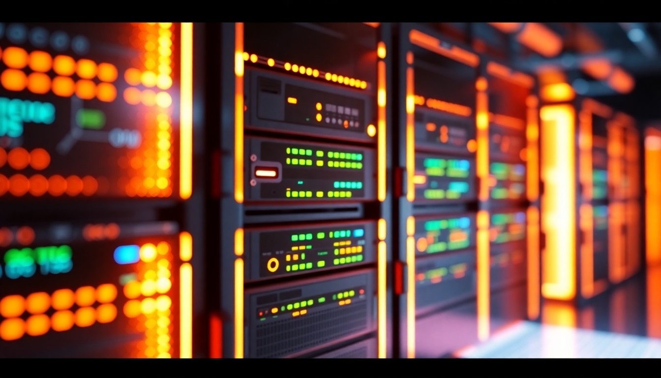 A highly detailed, glowing 3D illustration of a futuristic computer server rack, with neon cyan and magenta lights illuminating the various components, conceptually representing the digital backbone that enables remote work.