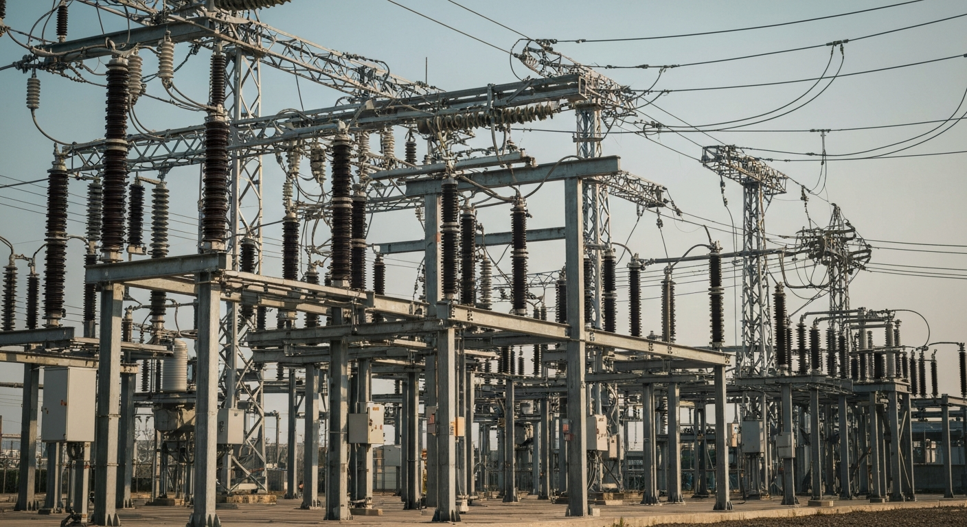A dramatic, high-contrast close-up image of the heavy, industrial machinery and equipment that powers an electric utility substation, conveying a sense of the technological complexity and industrial might behind the delivery of electricity to homes and businesses.