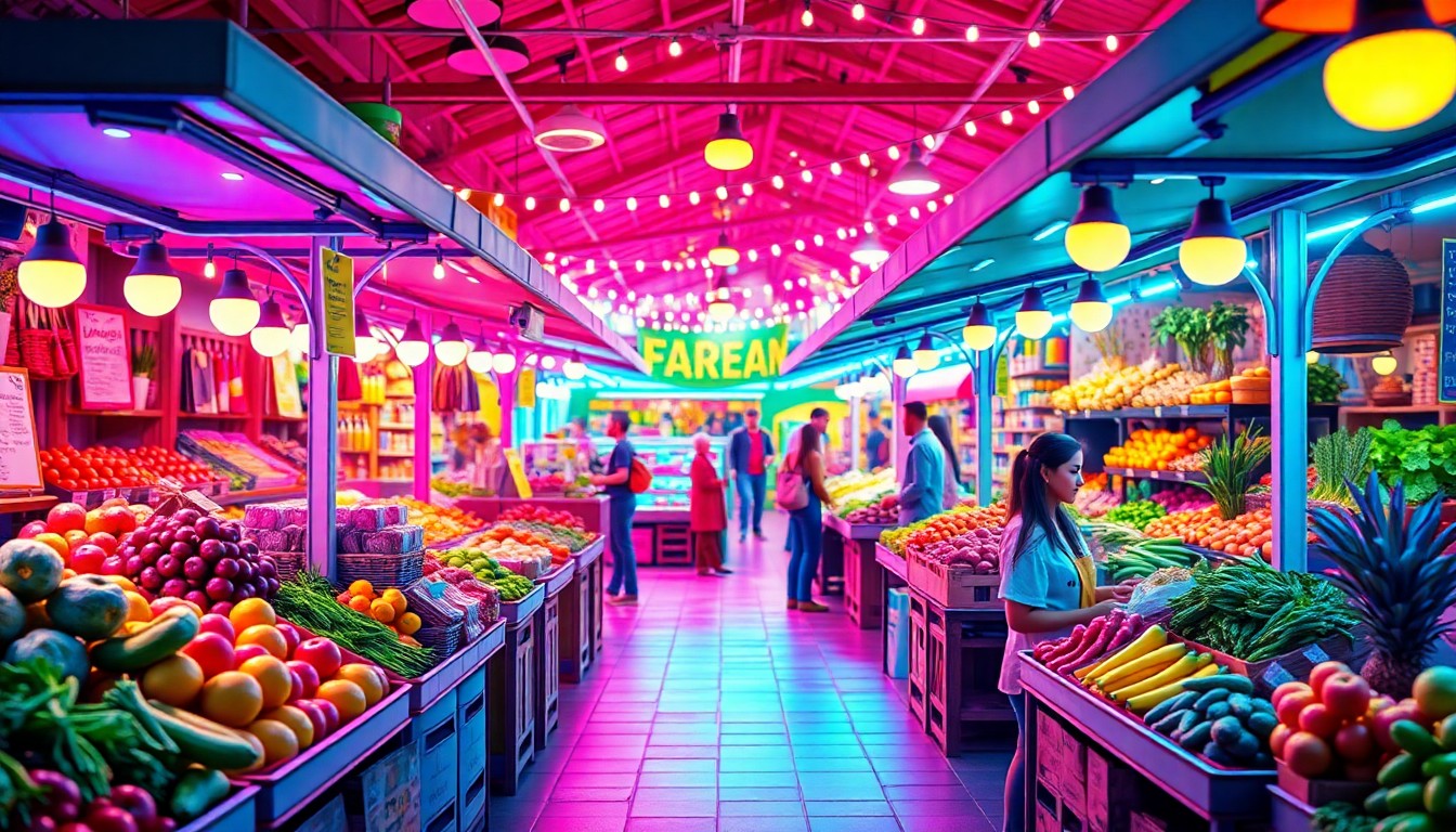 A highly detailed, glowing 3D illustration of a bustling farmer's market scene with stalls of fresh produce, homemade goods, and people browsing, all illuminated by neon cyan and magenta lights, conceptually representing the joyful energy of a community-driven natural foods celebration.