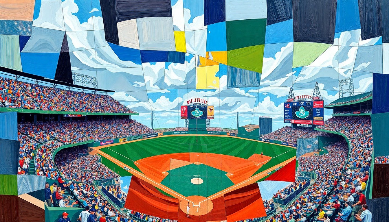 A fragmented, geometric painting depicting a baseball game in motion, with players and the field broken down into sharp, overlapping shapes and planes of color.