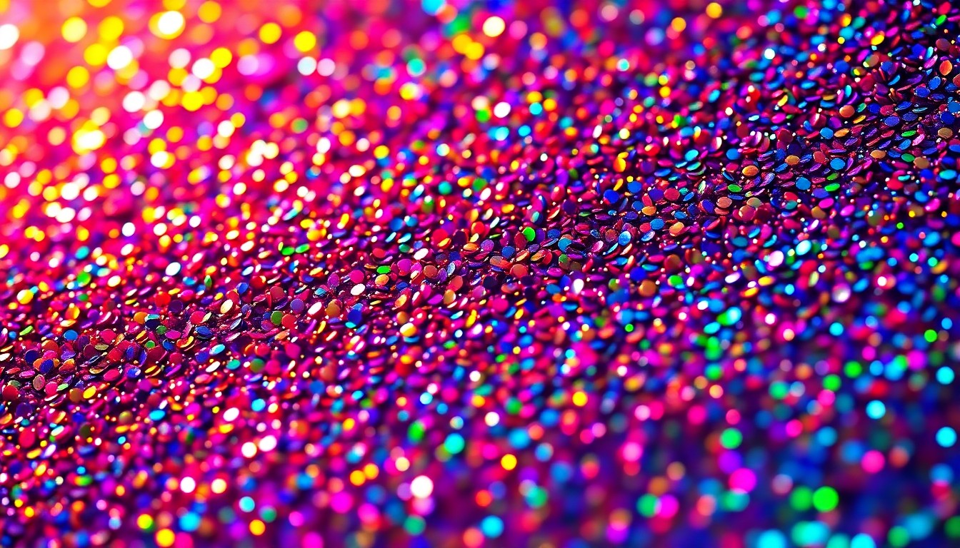 An abstract close-up photograph featuring a textured, high-contrast pattern of shimmering, multicolored sequins, conveying the glamour and energy of a major music festival performance.