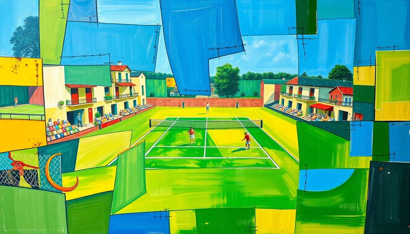 A fragmented, geometric painting depicting a tennis match from multiple perspectives, with sharp, overlapping planes of color representing the tactical and emotional elements of the game.