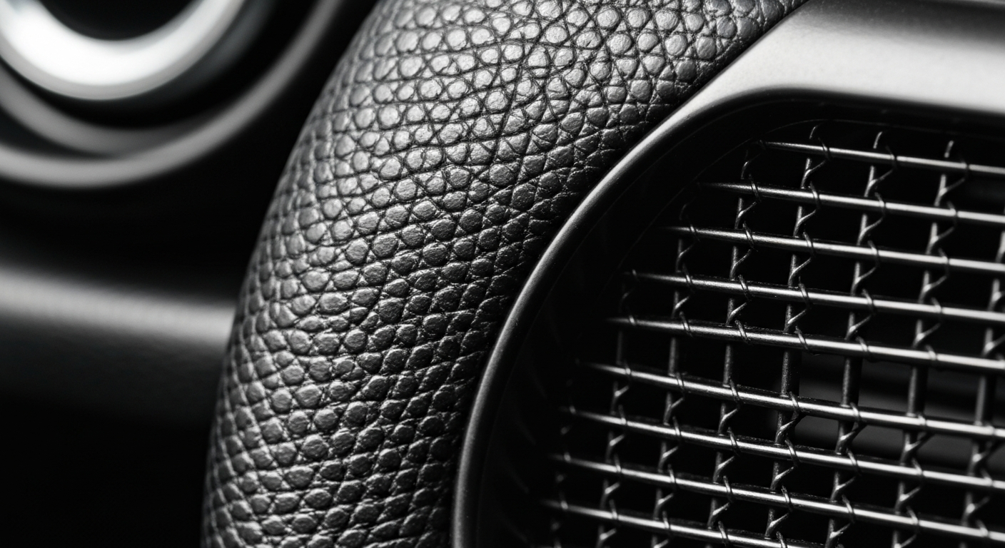 An extreme close-up photograph showcasing the intricate, pebbled texture of a car's leather steering wheel, conveying a sense of the craftsmanship and engineering behind modern vehicle design.