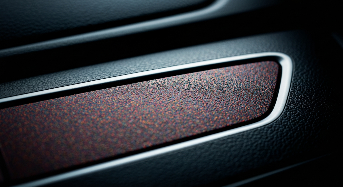 An extreme close-up of the textured surface of a car's dashboard or interior, capturing the complexity and importance of auto insurance through a dramatic, detailed macro view.