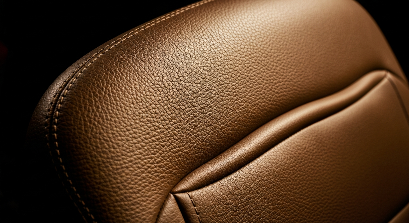 An extreme close-up of the textured leather interior of a car, with the rich details and warm tones conveying a sense of quality craftsmanship.