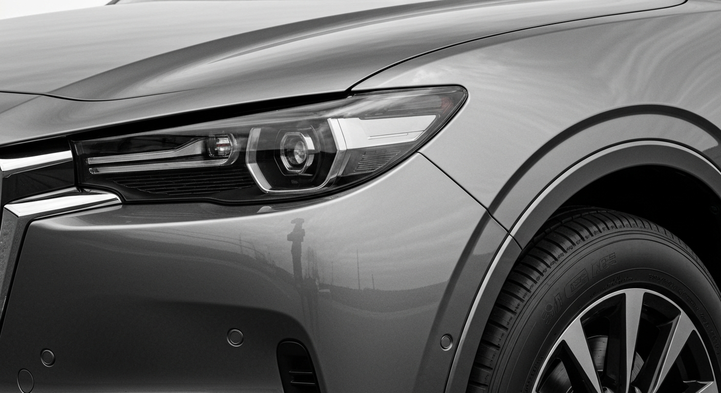 An extreme close-up photograph showcasing the pebbled, textured surface of a Mazda CX-60 SUV's body panel, conveying the vehicle's structural integrity and engineering sophistication.