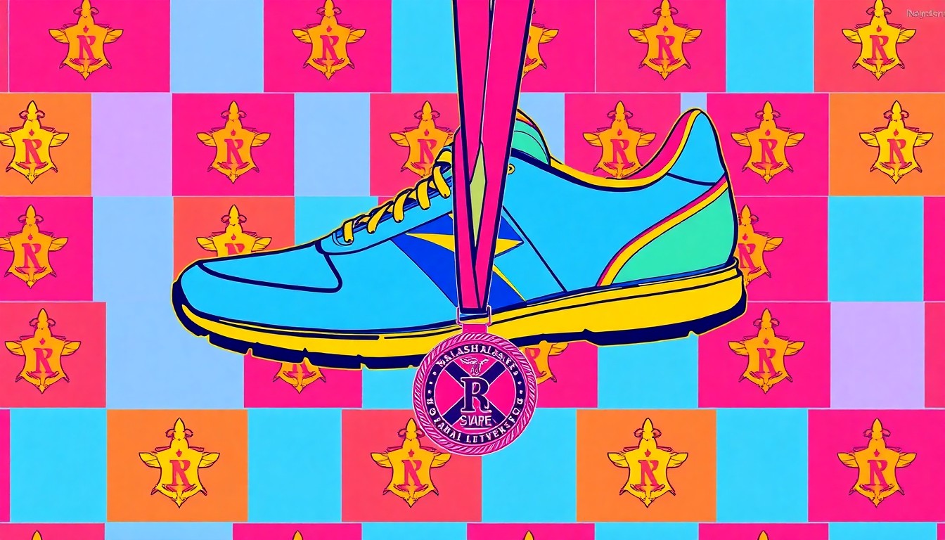 A high-contrast silkscreen print of a single, recognizable Massachusetts icon like a running shoe or marathon medal, repeated in a tight grid pattern with a neon color palette and heavy black outlines, creating a modern pop art representation of the state's Patriots' Day celebration.
