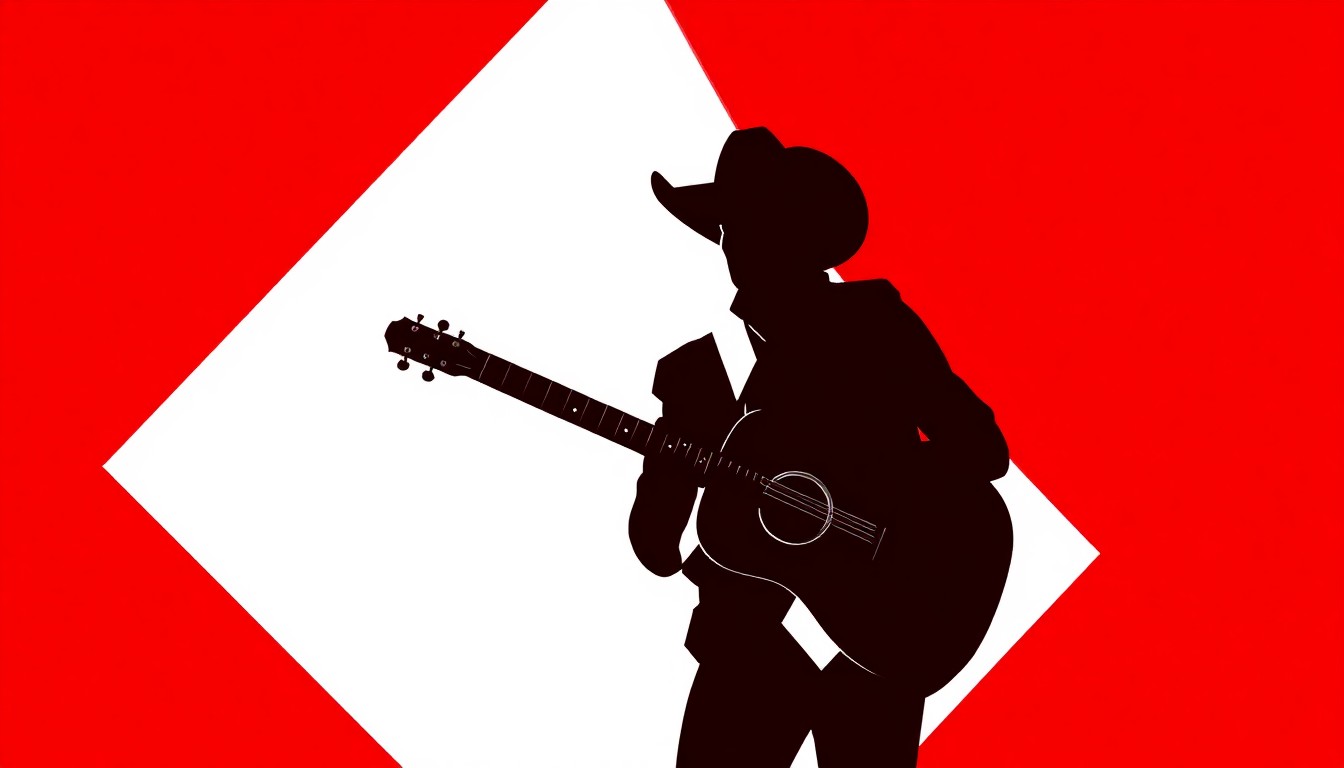 A striking black silhouette of a country musician playing a guitar, set against a vibrant red and white geometric background, conceptually representing the energy and excitement of the upcoming concert season.