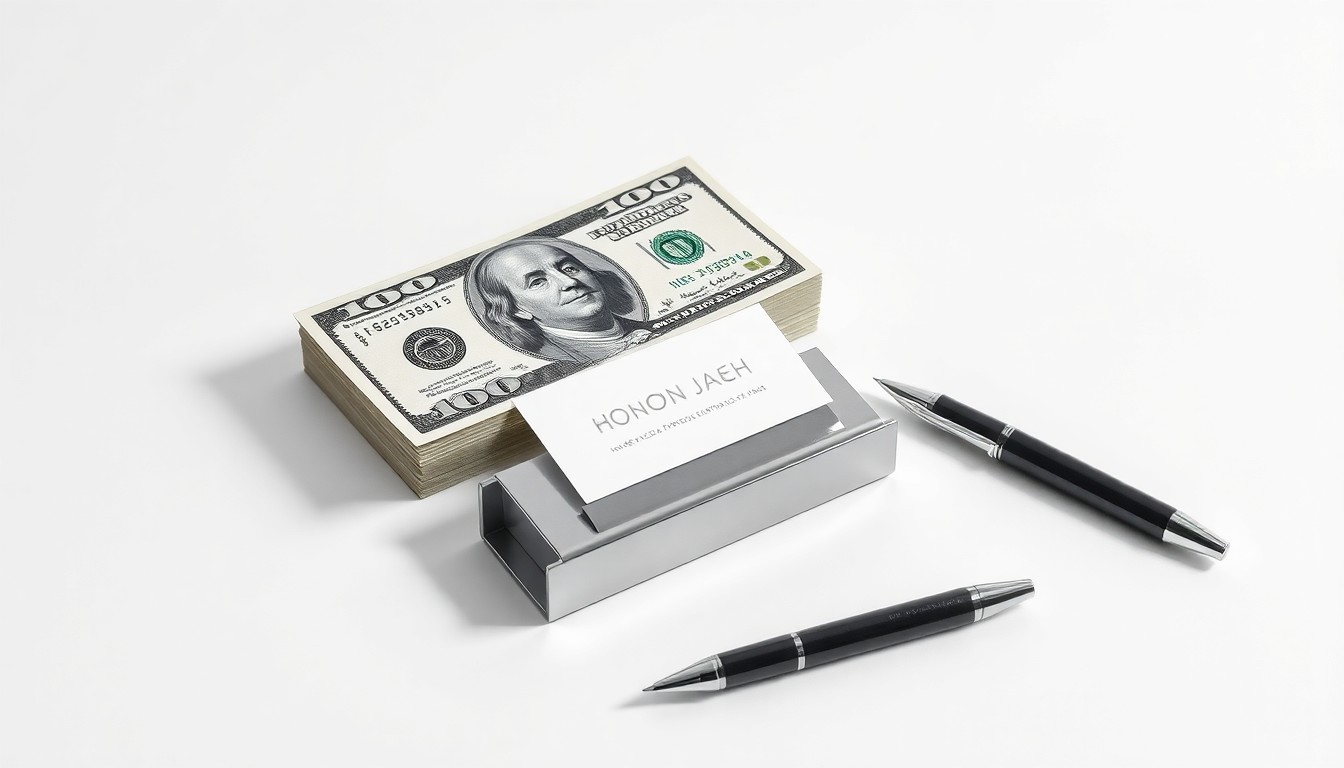 A minimalist studio still life photograph featuring a stack of crisp $100 bills, a sleek metal business card holder, and a modern fountain pen arranged elegantly on a clean, white background, conceptually representing the financial resources and tools needed for entrepreneurial success.
