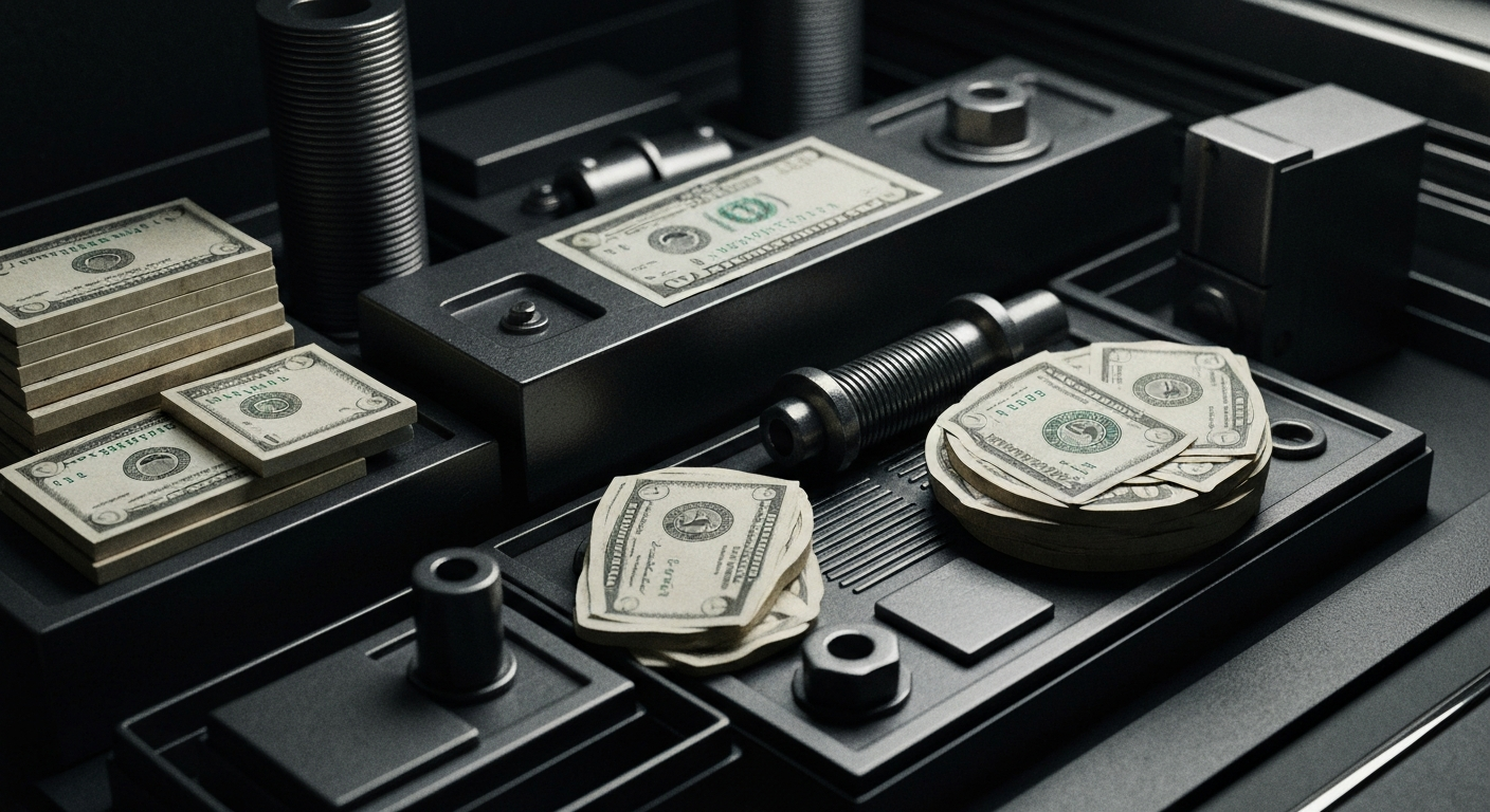 An extreme close-up of intricate, industrial-looking banking machinery and equipment, conveying a sense of security, stability, and the tangible nature of modern finance.