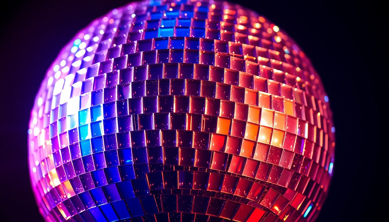 An extreme close-up of a highly textured, glittering disco ball surface, capturing the vibrant, high-energy essence of the JBTV music community.