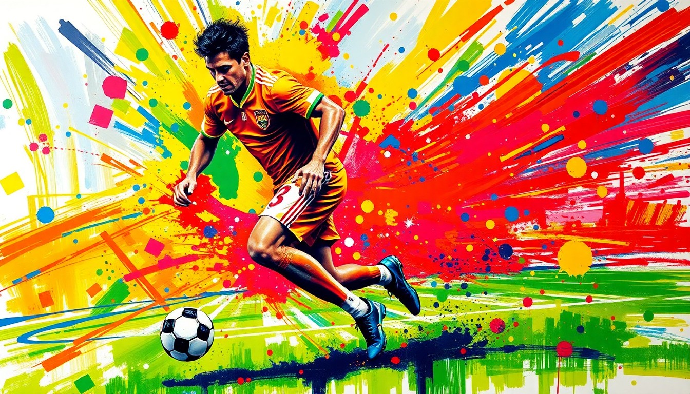 An abstract, expressionist painting in vibrant neon colors depicting the dynamic movement and energy of a soccer player dribbling the ball, with their features and details obscured by the bold, energetic brushstrokes.