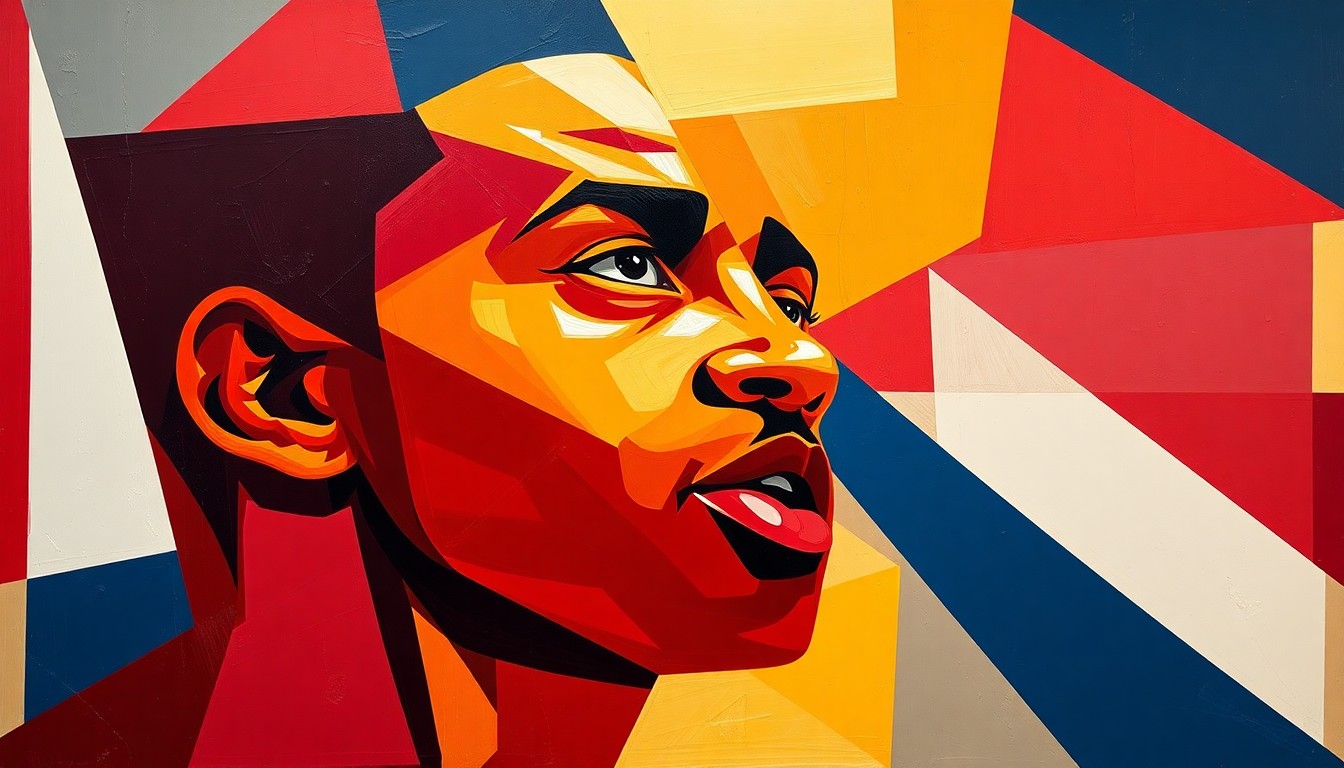 A cubist, geometric painting featuring overlapping planes of wine red, gold, and navy blue, conceptually representing Evan Mobley's confident and impactful playoff performance for the Cleveland Cavaliers.
