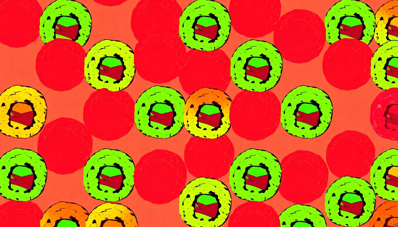 A brightly colored, high-contrast silkscreen print of a single, iconic sushi ball repeated in a tight grid pattern, capturing the playful and vibrant spirit of Bloop Bloop's unique Japanese-inspired cuisine.