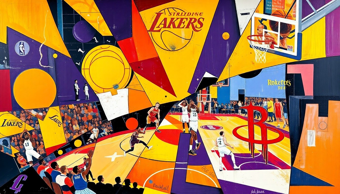 A cubist, geometric painting depicting a basketball game between the Lakers and Rockets, with the players and court broken down into overlapping planes of vibrant purple, gold, red, and white.
