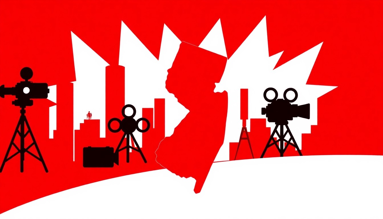 A conceptual illustration using bold, geometric shapes and high-contrast colors to represent the film industry in New Jersey, without any text or identifiable elements.