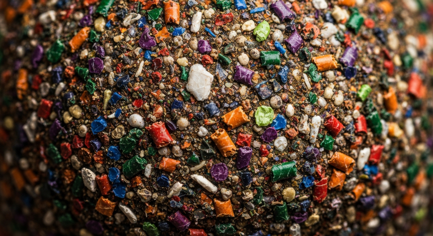 An extreme close-up of a recycled plastic pellet, showcasing the intricate texture and vibrant colors of the material in a dramatic, artistic style.