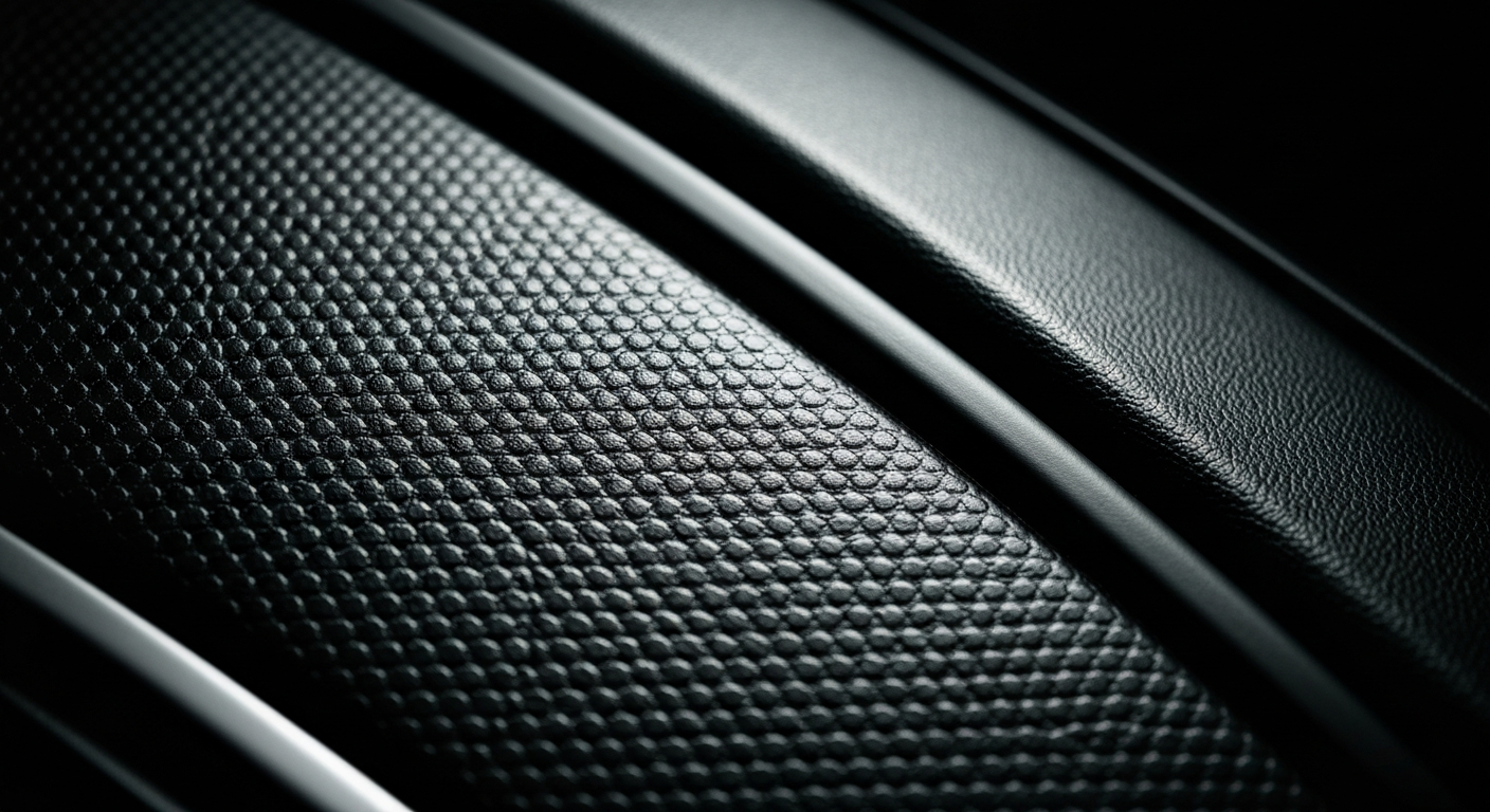 An extreme close-up of a car's dashboard, showcasing the intricate textures and materials in a dramatic, high-contrast lighting style that captures the essence of automotive design and engineering.