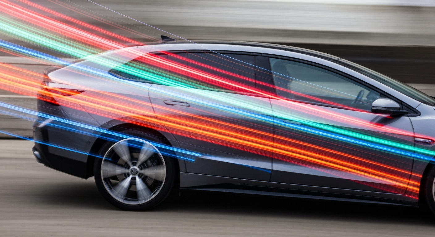 An abstract, blurred image of a modern electric vehicle in motion, with streaks of vibrant colors representing its speed and advanced technology.