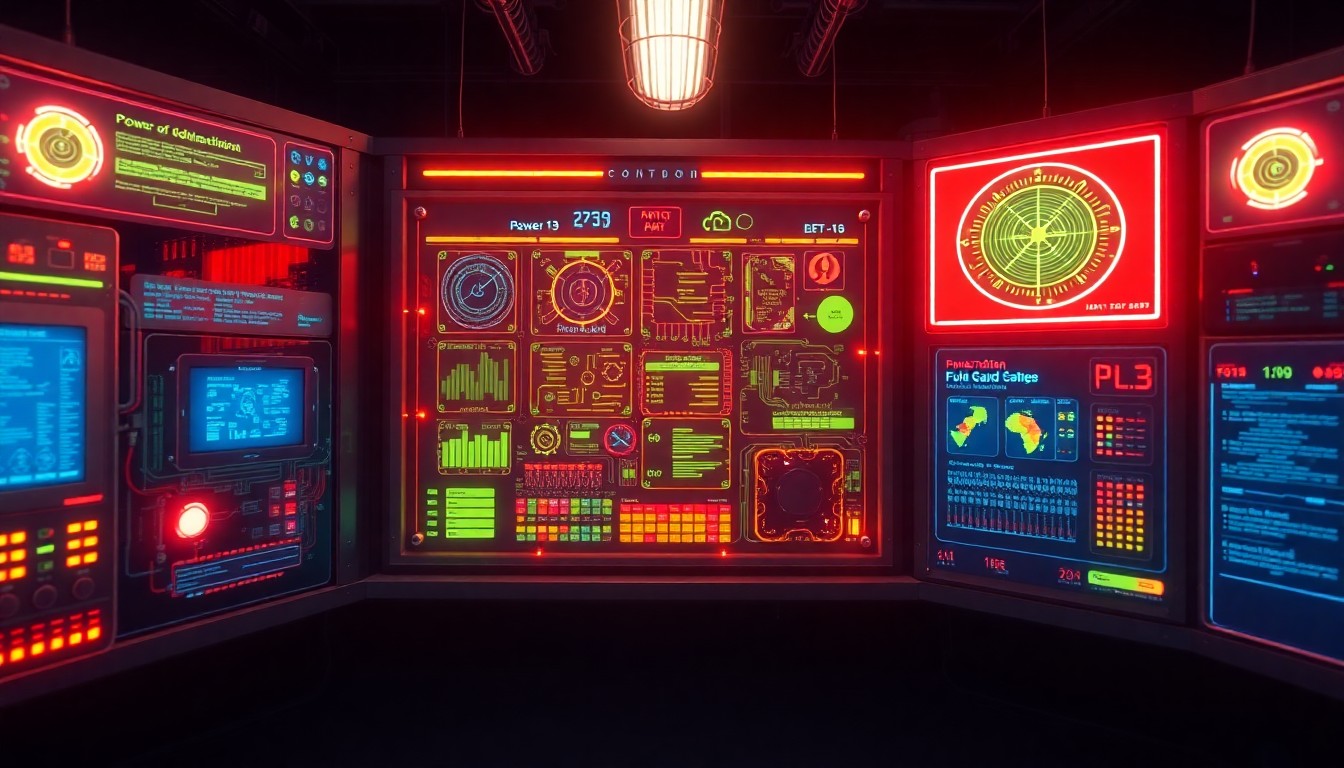 A highly detailed, 3D illustration of a glowing, futuristic power grid control panel with pulsing neon lights, intricate circuitry, and holographic displays, conceptually representing the critical infrastructure that powers our modern world.