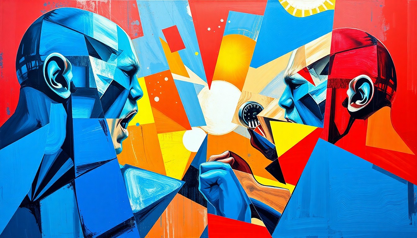 A cubist-style painting depicting a UFC light heavyweight title fight, with the action broken down into sharp, overlapping geometric shapes in a vibrant color palette.