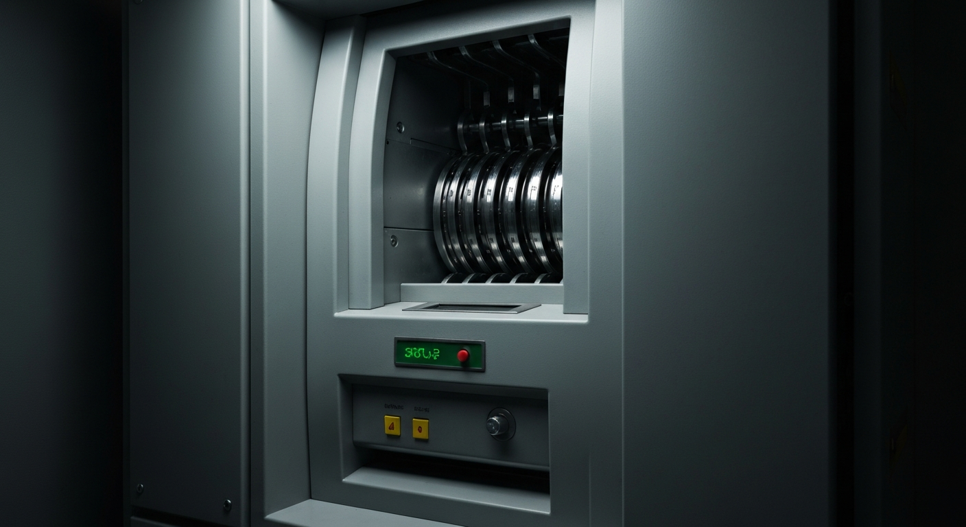 An extreme close-up of the intricate inner workings of a bank vault, with gears, levers, and heavy metal components filling the frame, conveying the sense of institutional power and security in the finance sector.