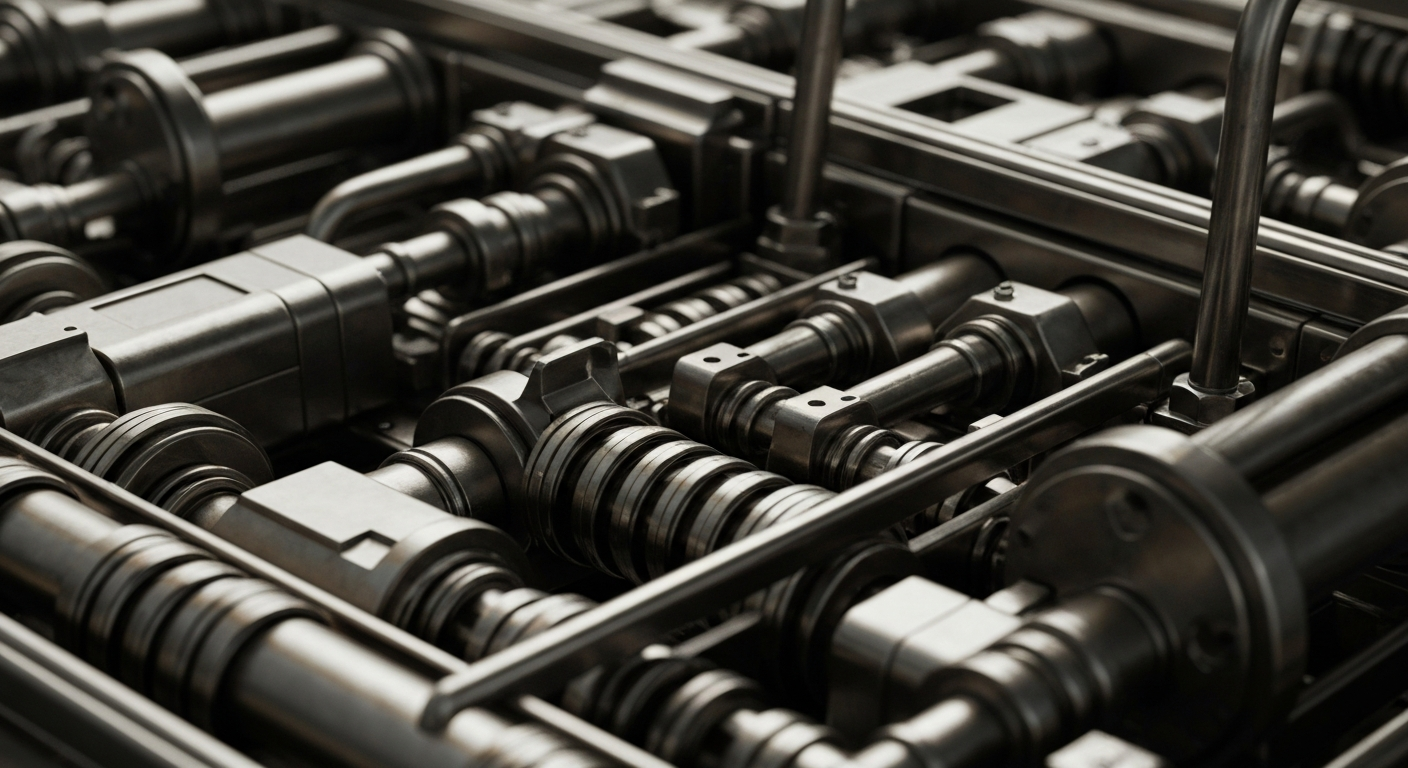 An extreme close-up of the gears, valves, and other intricate components of an industrial machine, conveying the complex financial and operational infrastructure of a major engineering company.