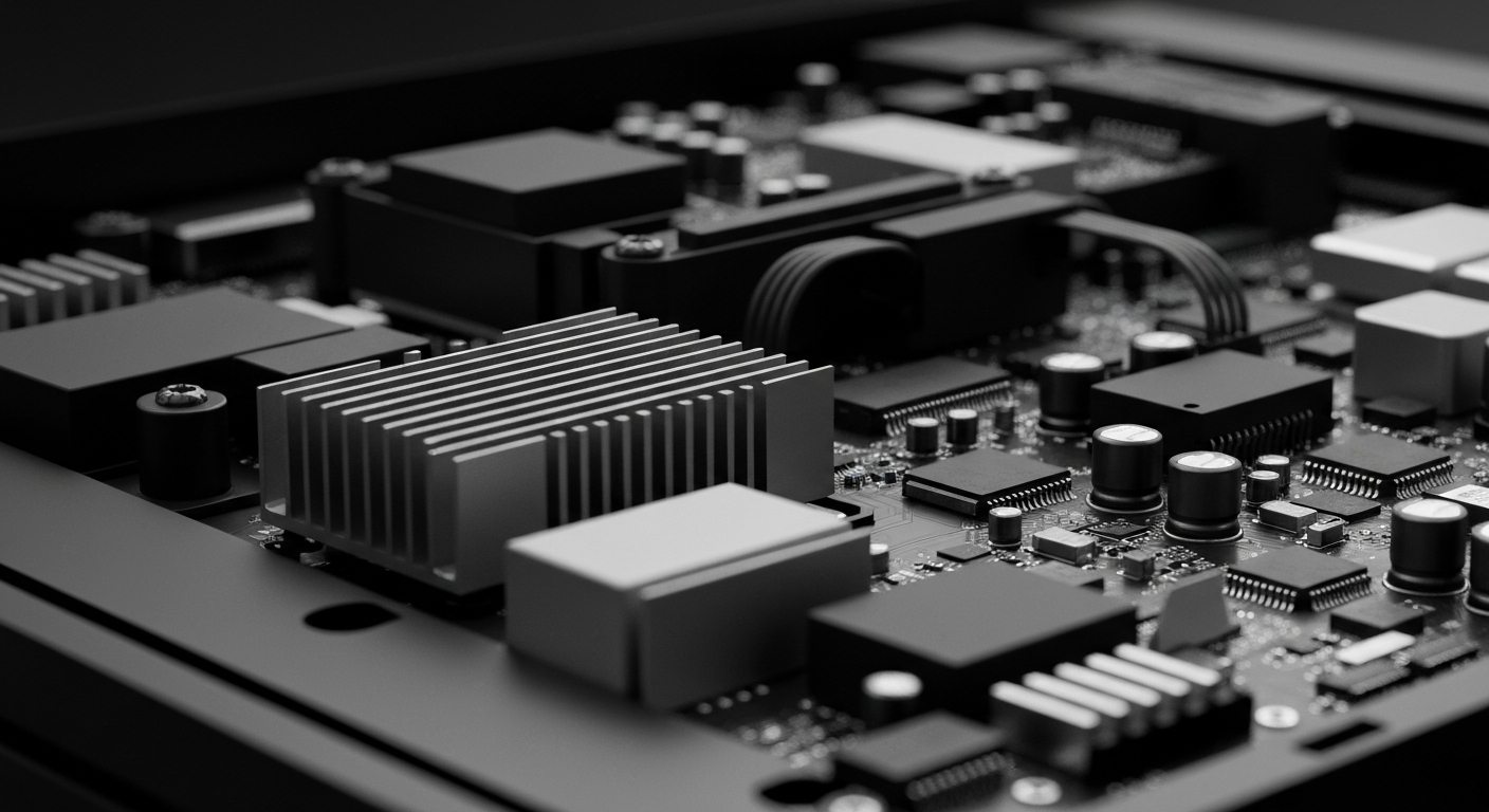 A high-contrast black and white close-up image of the complex internal components and circuitry of a modern gaming console, conveying the technological sophistication behind video game development and distribution.