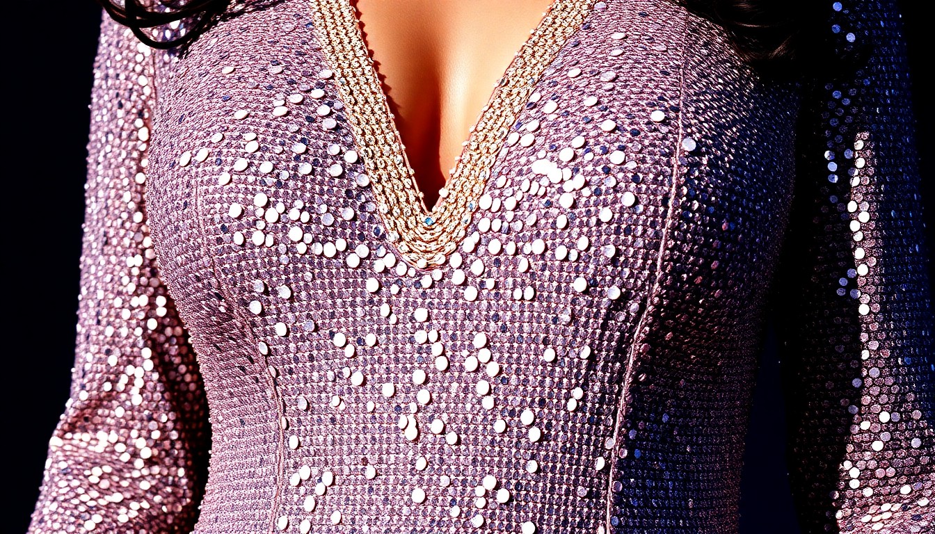 An extreme close-up photograph of a shimmering sequined fabric in dramatic high-contrast lighting, conceptually representing the glamour and style that Cher has shared with her teenage granddaughter.