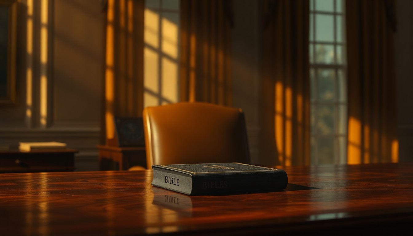 A photorealistic painting of a Bible resting on the Oval Office desk, with warm sunlight casting deep shadows across the room, conveying a sense of solemnity and contemplation.