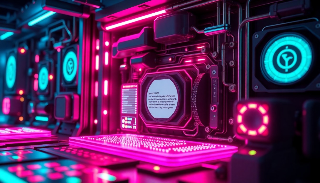 A highly detailed, glowing 3D illustration of a futuristic legal document processing system, with intricate hardware components illuminated by neon cyan and magenta lights, conceptually representing the technological innovation in the legal tech industry.