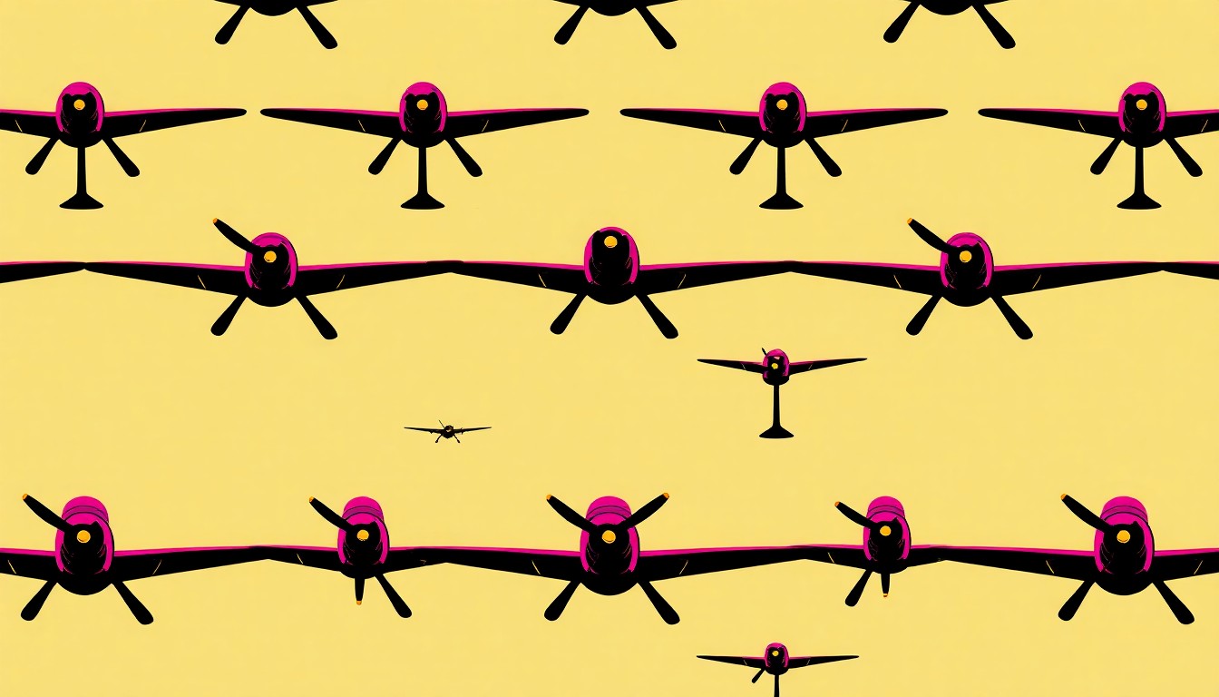 A boldly colored, silkscreen-style illustration of a vintage propeller plane icon repeated in a grid pattern, capturing the energy and excitement of an aviation-themed event.
