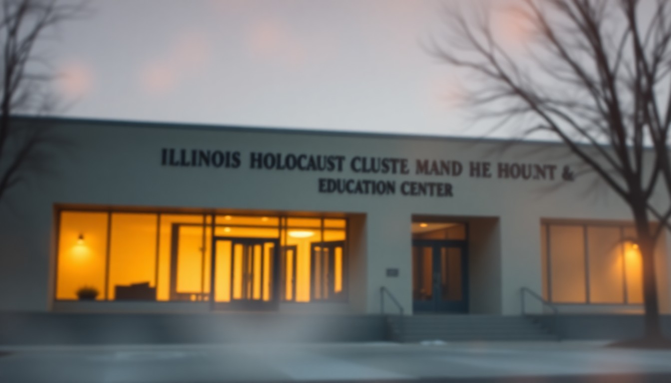 An abstract, out-of-focus photograph of the exterior of a modern building, with warm pools of light and color creating a contemplative, atmospheric scene that represents the Illinois Holocaust Museum and Education Center.