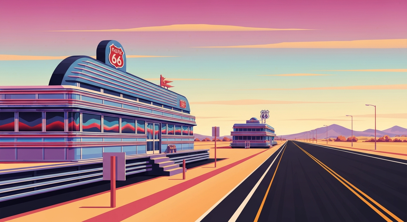 A bold, geometric illustration in the Art Deco style depicting a towering, streamlined roadside diner set against a sweeping landscape, capturing the grand scale and nostalgic romance of travel along historic Route 66.