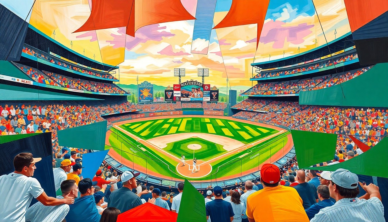 A fragmented, geometric painting depicting the dynamic action of a college baseball game, with sharp planes of color representing the players, field, and stadium environment.