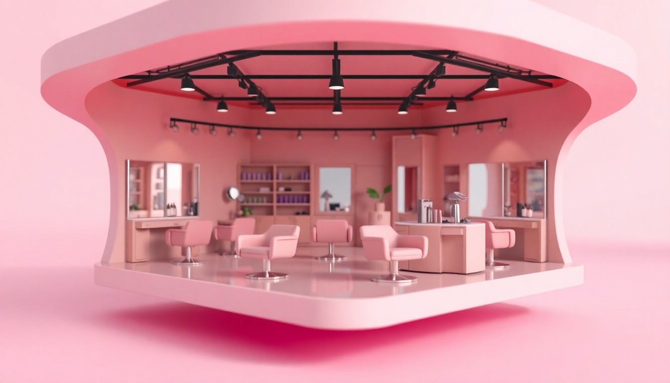 A highly detailed, colorful 3D illustration of the interior of a modern, upscale hair salon, with stylish furniture, bright lighting, and a clean, inviting atmosphere.