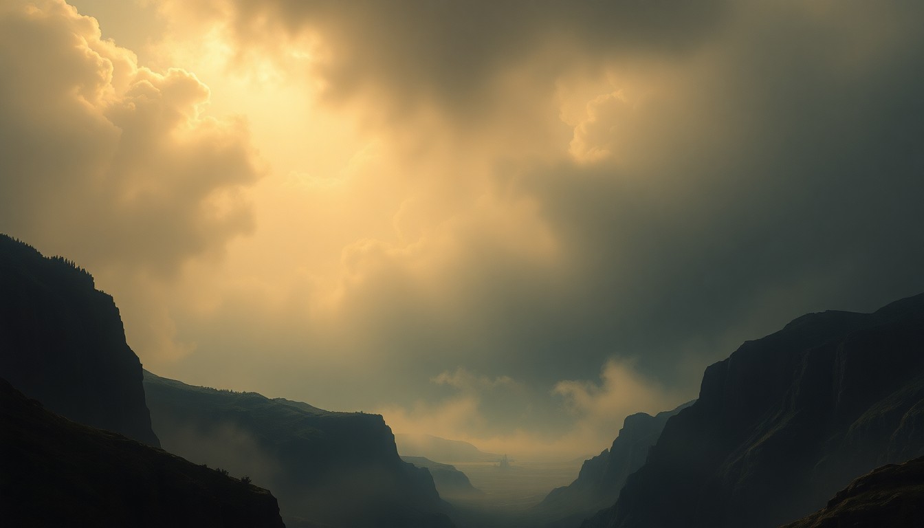 A vast, atmospheric landscape painting in muted tones of gray and blue, with a thick industrial haze obscuring the details of any physical structures or remnants of past activity, conveying the overwhelming scale and mystery of the environmental issues facing Rockford's abandoned industrial sites.