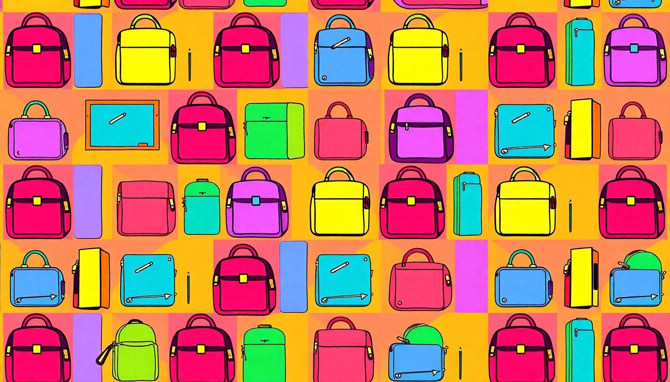 A brightly colored, high-contrast silkscreen print of a school backpack repeated in a tight grid pattern, utilizing flat, vibrant neon colors and heavy black outlines to transform an everyday educational item into a bold, abstract pop art composition.