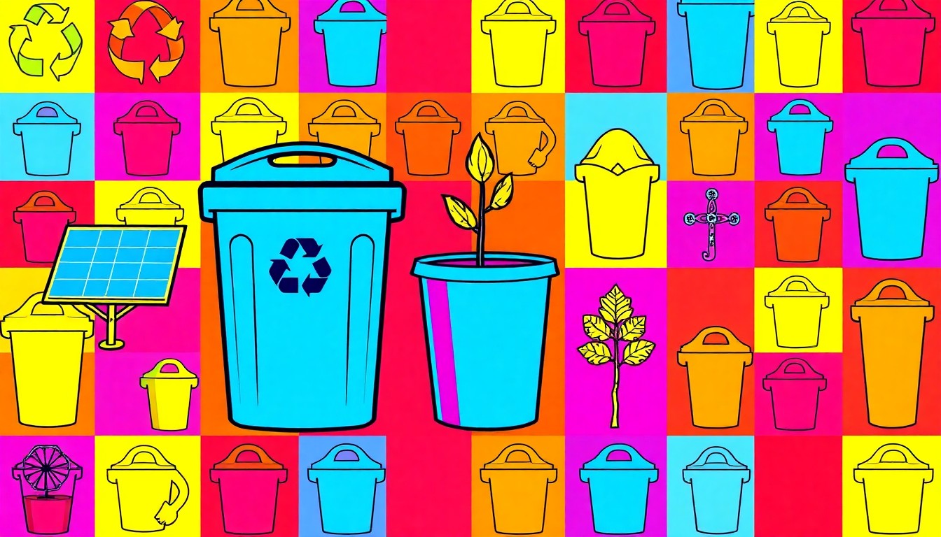 A brightly colored, high-contrast silkscreen print of a single, iconic environmental object such as a recycling bin or tree sapling, repeated in a tight grid pattern, conceptually representing the creative environmental education programs at Lake Zurich Middle School South.