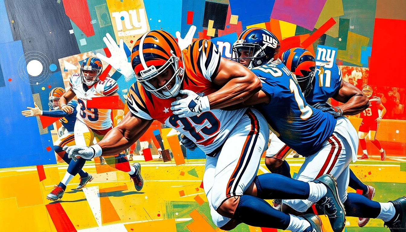 A fractured, cubist-style painting depicting the explosive action of a defensive lineman making a tackle, with sharp geometric shapes and overlapping planes in the team colors of the Bengals and Giants.