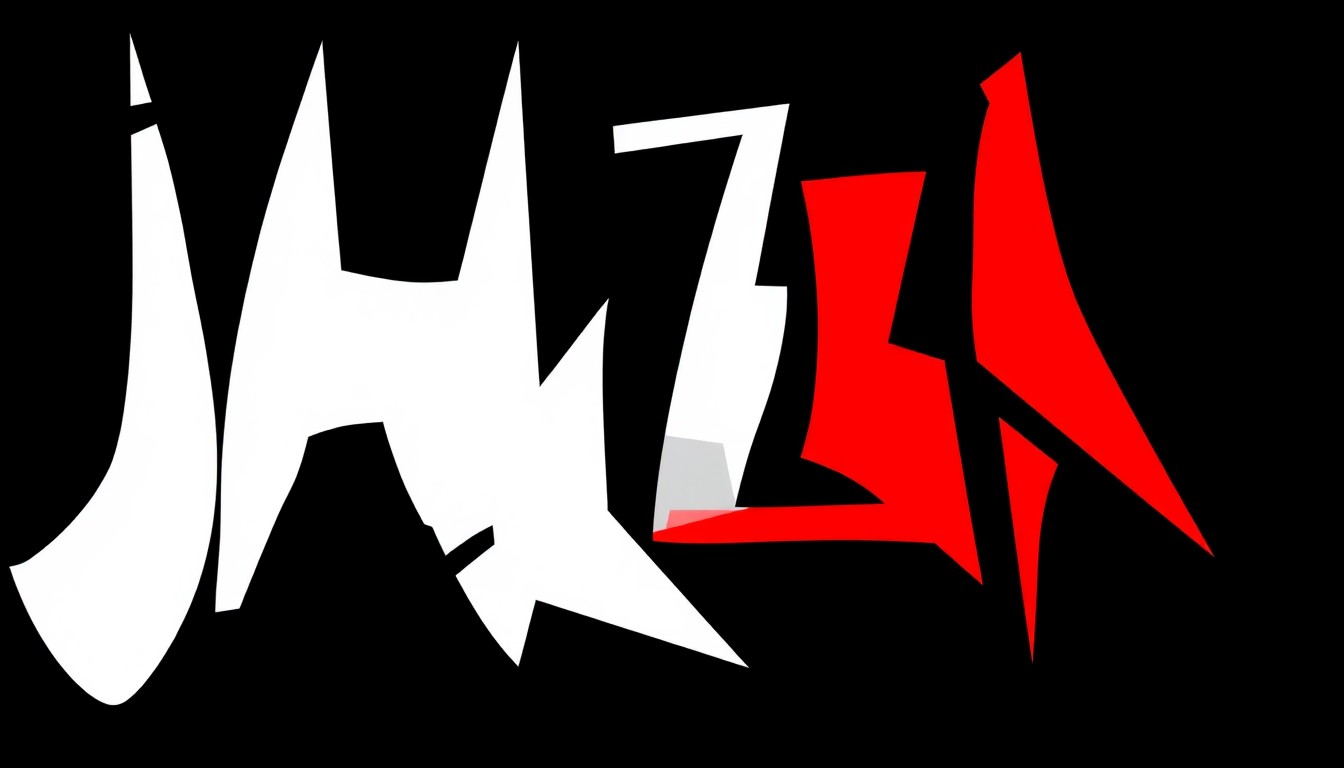 An abstract, minimalist illustration featuring bold, jagged shapes in black, white, and bright red, conceptually representing the diverse cultural influences and celebratory energy of a jazz music festival.