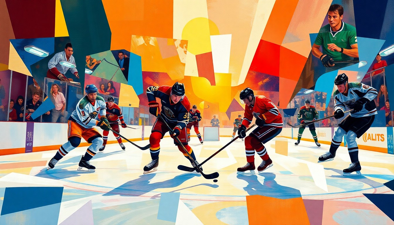 A fragmented, geometric painting depicting the dynamic movements and energy of a hockey game, with the players and action broken down into sharp, overlapping planes of color and form.