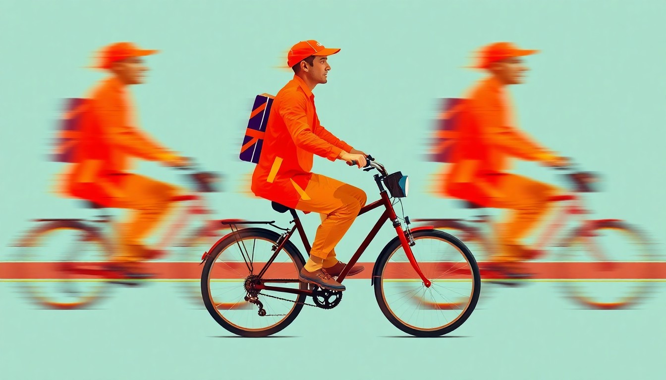 A dynamic, fragmented painting of a blurred delivery person on a bicycle, conveying a sense of motion and energy through the use of bold, overlapping geometric shapes and vibrant colors.